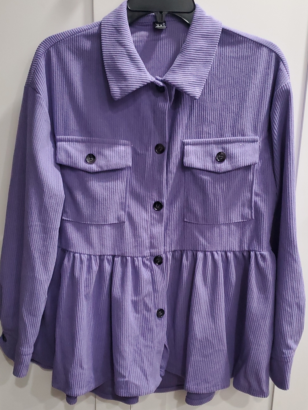 SHEIN Lavender Corduroy Peplum Button-Down Shirt